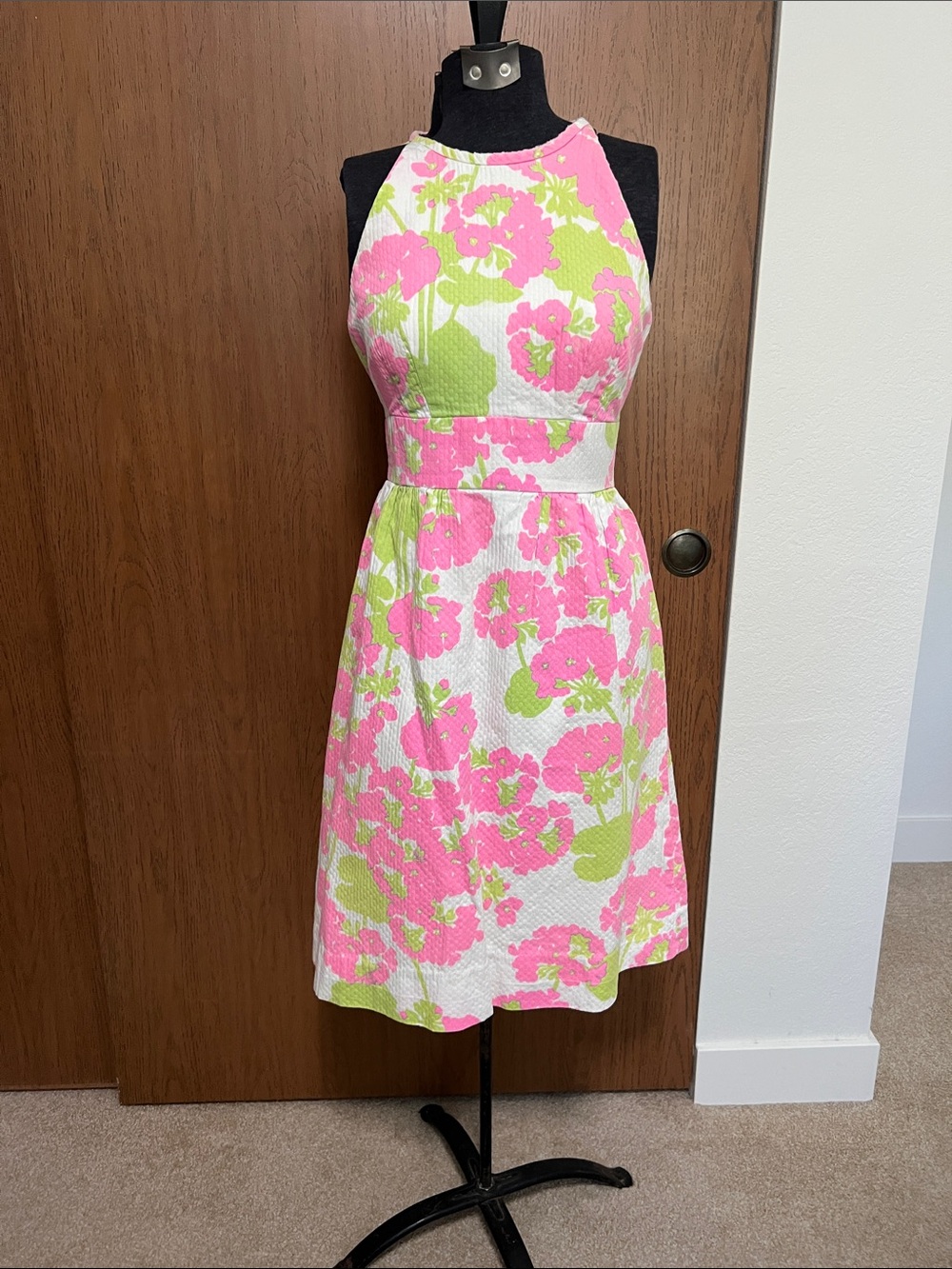 Sleeveless Floral Fit-and-Flare Dress in Pink and Green